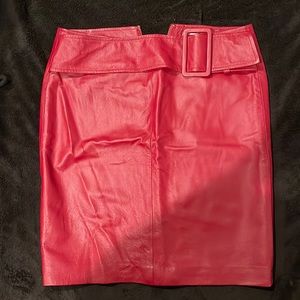 Genuine leather red pencil skirt, with large buckle belt size 6